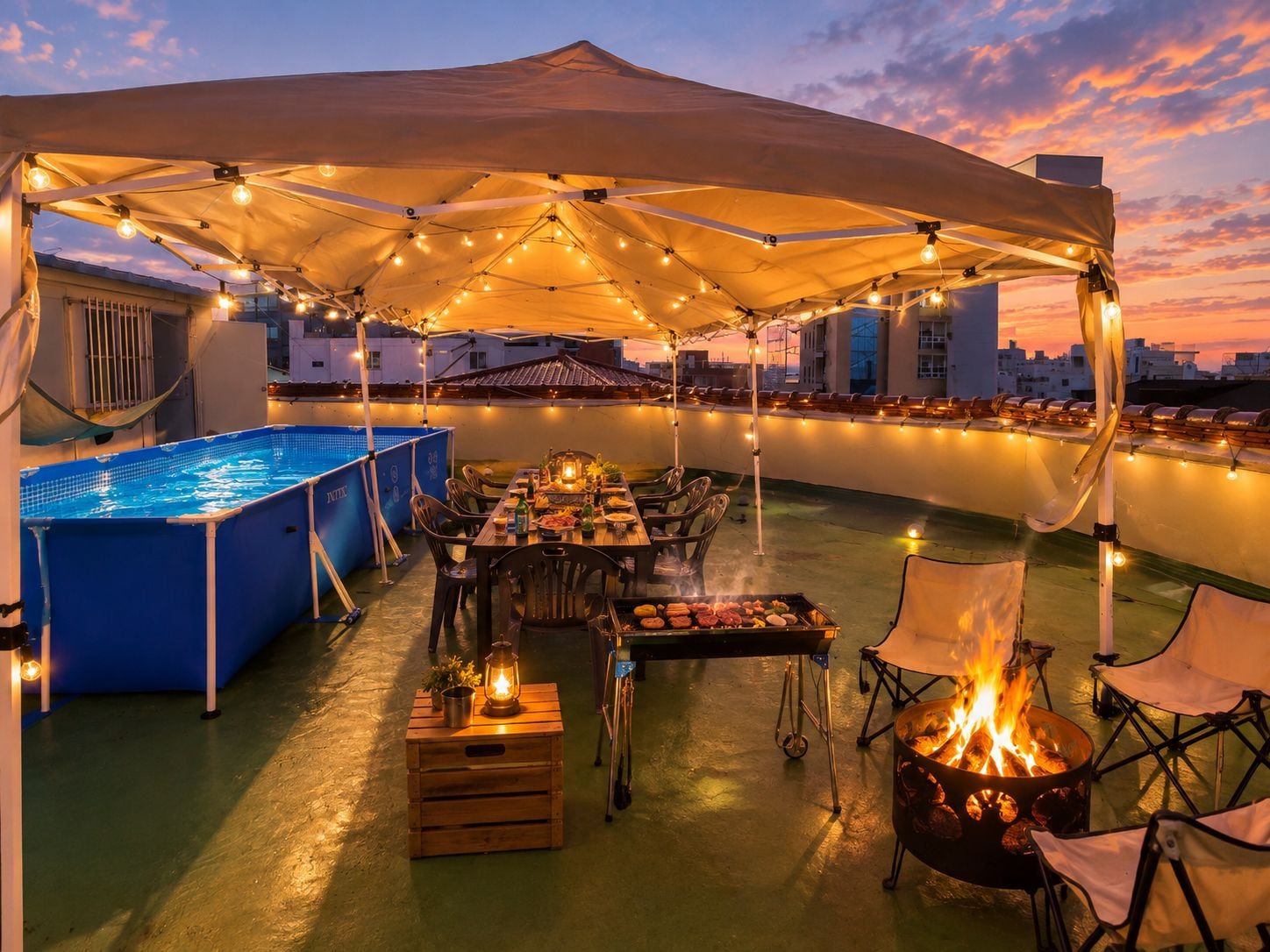 An outdoor rooftop terrace with a pool, dining area, and a fire pit.