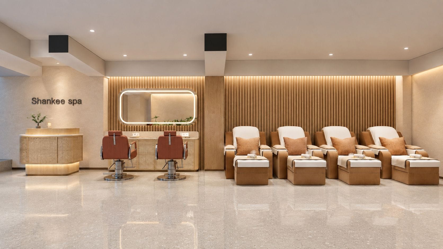 Un spa Shankee con una recepción, dos sillones de peluquería y múltiples sillas de masaje.