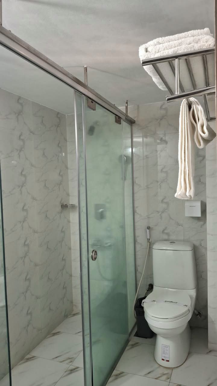 A bathroom with a glass shower enclosure, a toilet, and a towel rack.