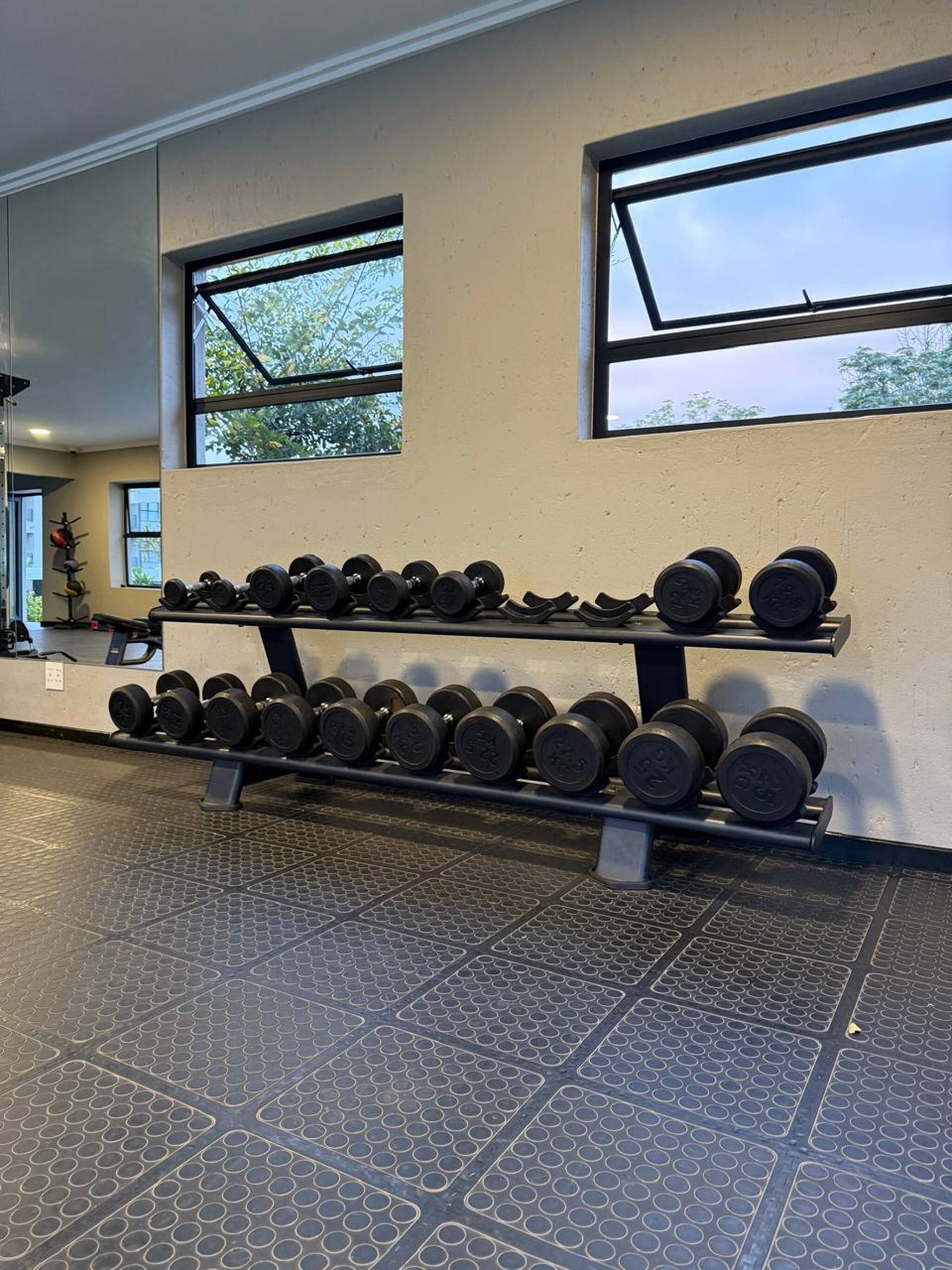 Une salle de sport équipée d’un porte-haltères, dotée d’un sol à motifs et de fenêtres donnant sur des arbres.