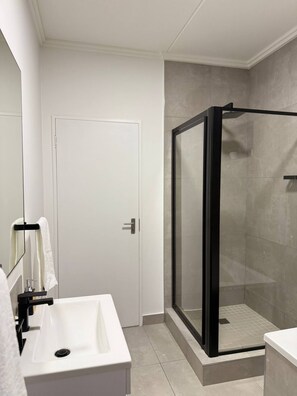Ein modernes Badezimmer mit einem weißen Waschbecken, einer Duschkabine aus Glas und einer Tür.