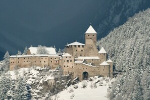 A historic castle complex with multiple towers and a central building, surrounded by snow-covered trees and mountains. - L-XL up to 12 people (ahrntal)