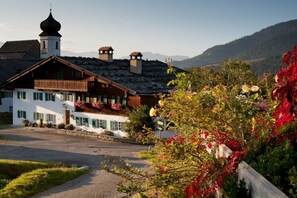 Een klassiek chalet met een schuin dak, een balkon met bloembakken en een berg op de achtergrond.