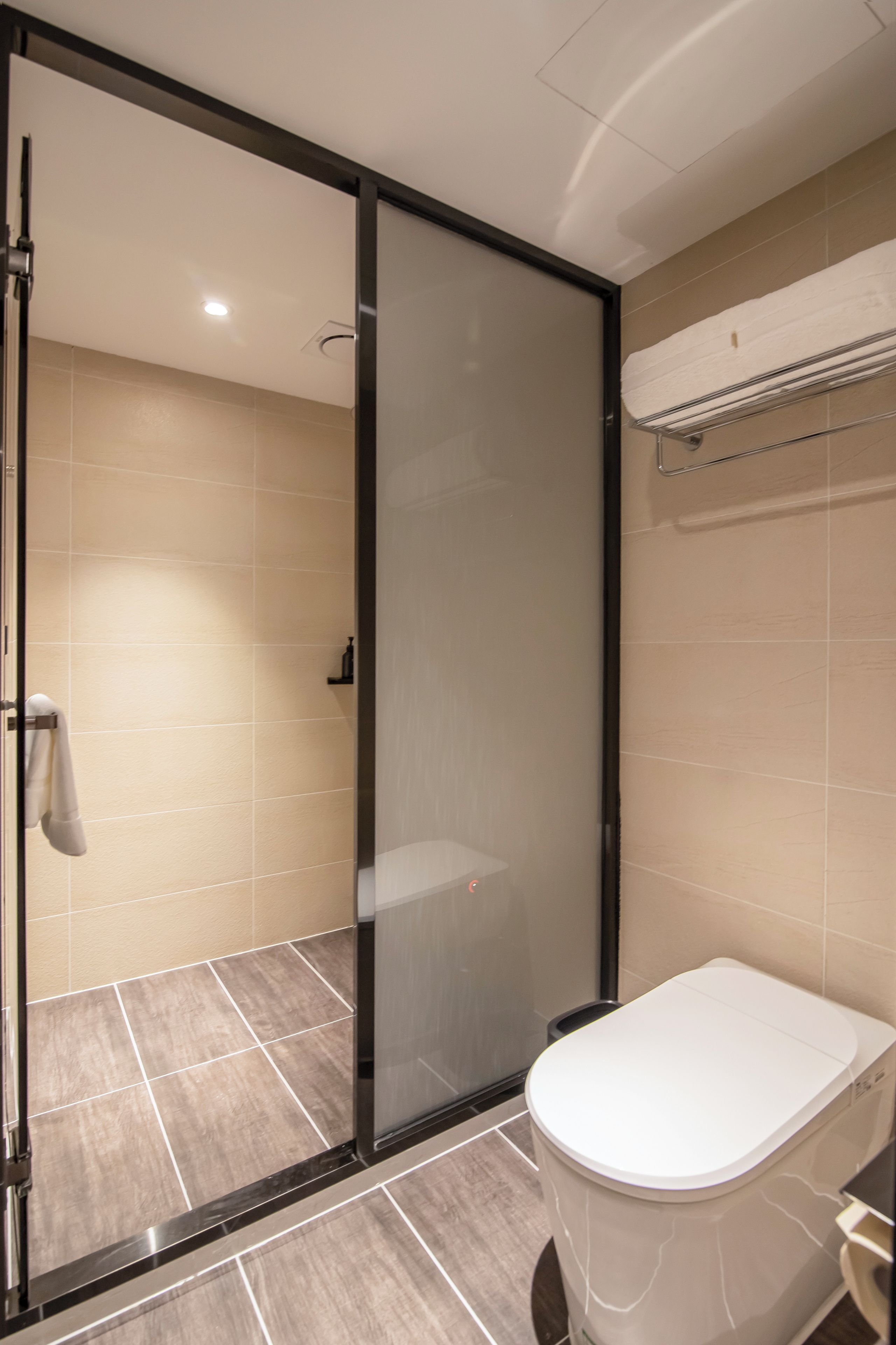 A modern bathroom with a glass shower enclosure, a toilet, and a towel rack.