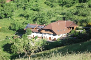 Ein zweistöckiges Haus mit geneigtem Dach, Solaranlage und Garten.