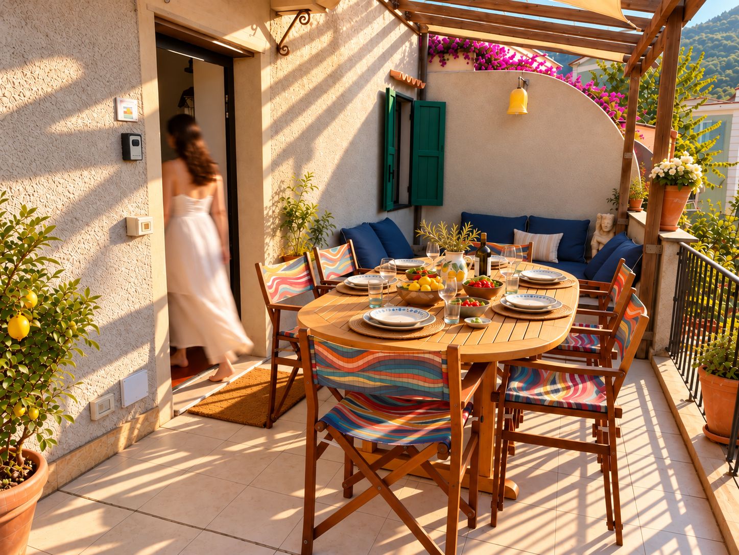 An outdoor patio with a round wooden table set for dining, surrounded by colorful striped chairs.