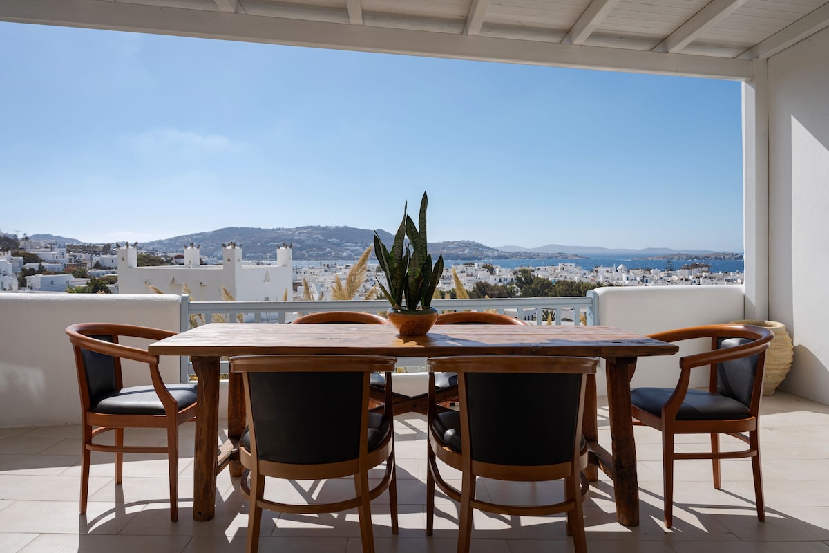 A terrace with a wooden table and chairs, a potted plant, and a view of a coastal town.