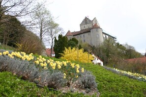 Eine Burg mit großem Garten davor, umgeben von Bäumen und einem Hügel.