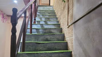 Una escalera de madera con césped artificial verde que lleva a un piso superior.
