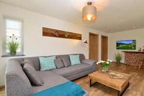 A modern living room with a grey sectional sofa, a wooden coffee table, a television, and a fireplace. - Holiday apartment with 1 bedroom (Fischen)
