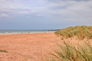 A sandy beach with a grassy dune on the right and a rocky outcrop in the distance. - Pebble House (Castlerock)