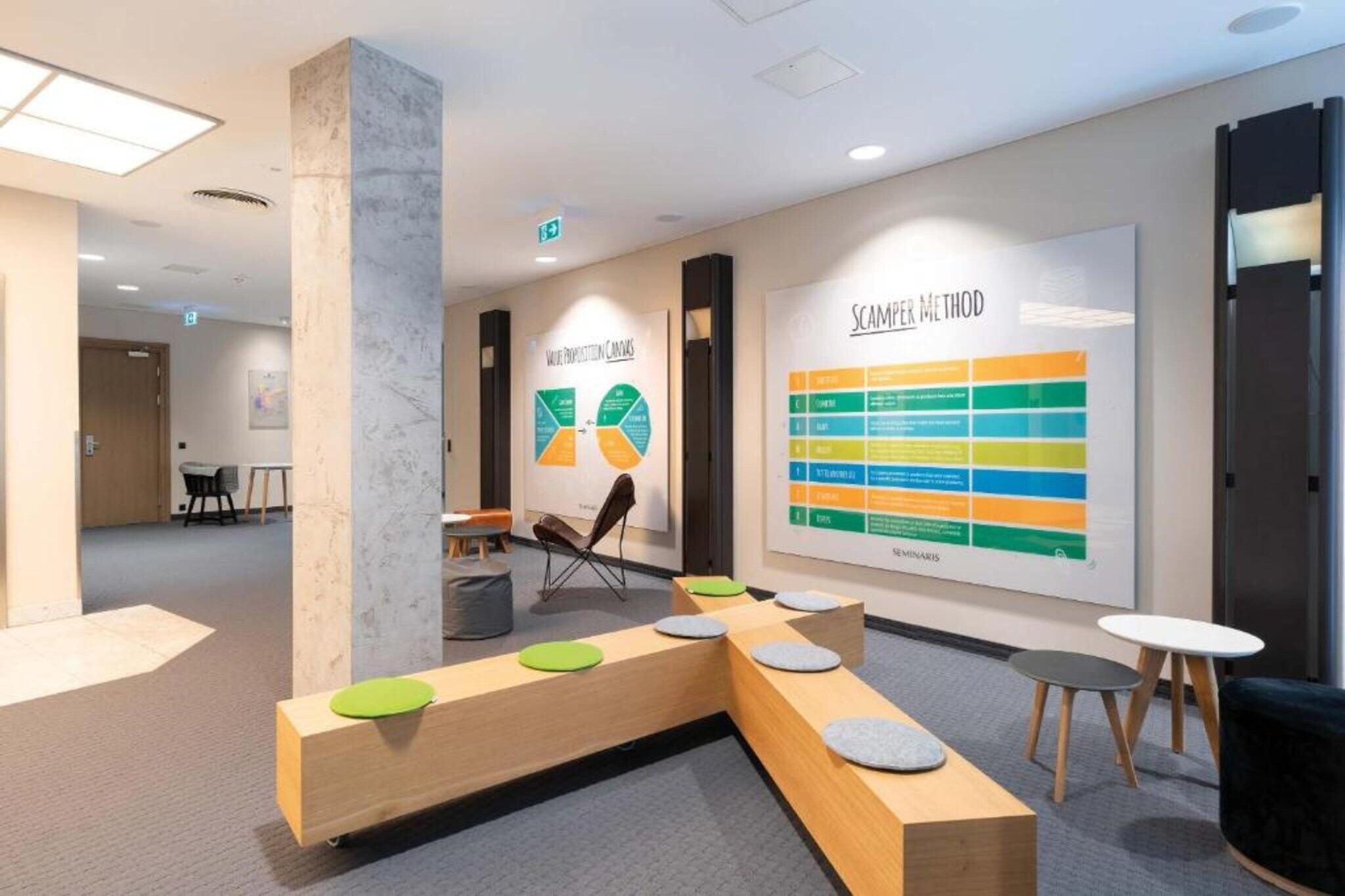 A modern office space with a large poster titled 'SCAMPER METHOD' and a seating area with tables and chairs.