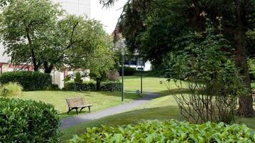 Un parque con un banco, un sendero y un edificio al fondo.