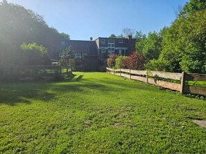 A grassy yard with a wooden fence and a building in the background.