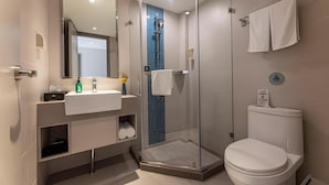 Ein modernes Badezimmer mit einer Duschkabine, einer Toilette und einem Waschbecken mit Spiegel darüber.