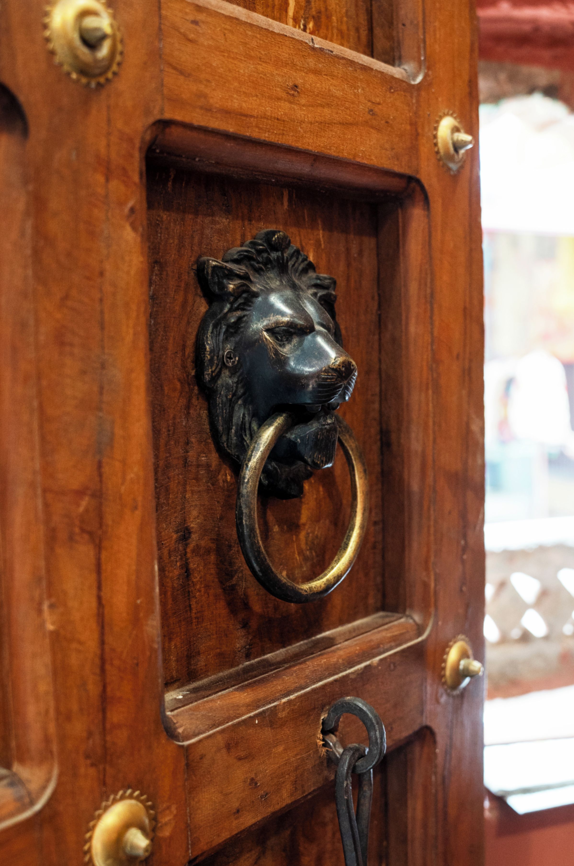 Una puerta de madera con un tiramano de cabeza de león y un picaporte de bronce.