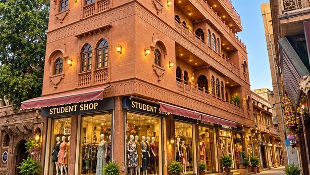 Un edificio de varios pisos con una tienda para estudiantes en la planta baja, con maniquíes mostrando ropa.