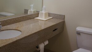 Un baño con encimera de granito, lavabo, espejo, inodoro y dispensadores de toallas.