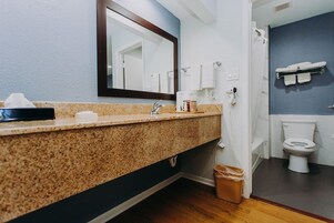 Un baño con encimera de granito, un espejo, un inodoro y un cubo de basura.
