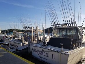 Un port de plaisance où sont amarrés de nombreux bateaux, dont un qui s’appelle « SPORTSMEN II ».