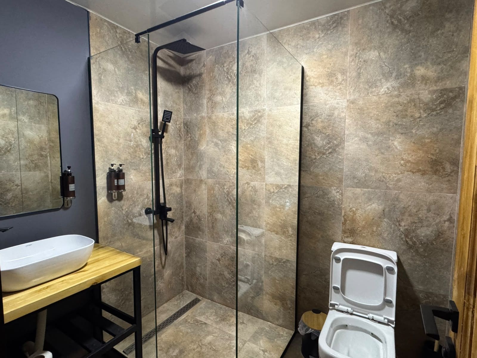 Un baño moderno con ducha envuelta en vidrio, un lavabo blanco y un inodoro.
