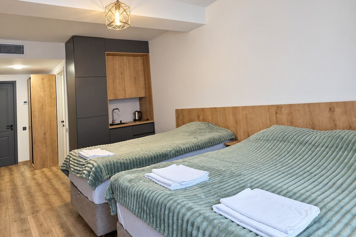 Un dormitorio con dos camas, cabecera de madera, una kitchenette pequeña y una lámpara colgante.