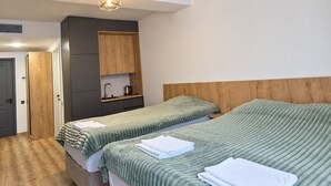 Quarto com duas camas, cabeceira de madeira, pequeno espaço de cozinha e luminária pendente.