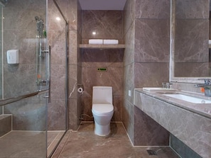 Une salle de bain moderne dotée d’une douche à parois de verre, de toilettes et d’un meuble-lavabo avec un miroir.