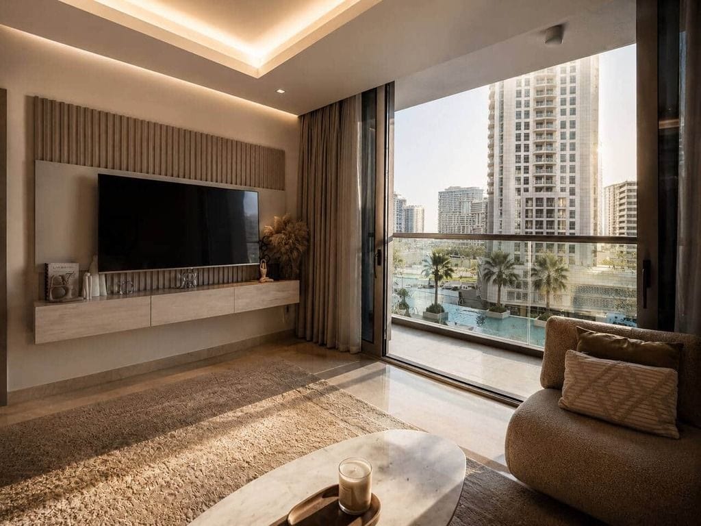 A modern living room with a flat-screen TV, a sofa, and a large window overlooking a cityscape and a pool.