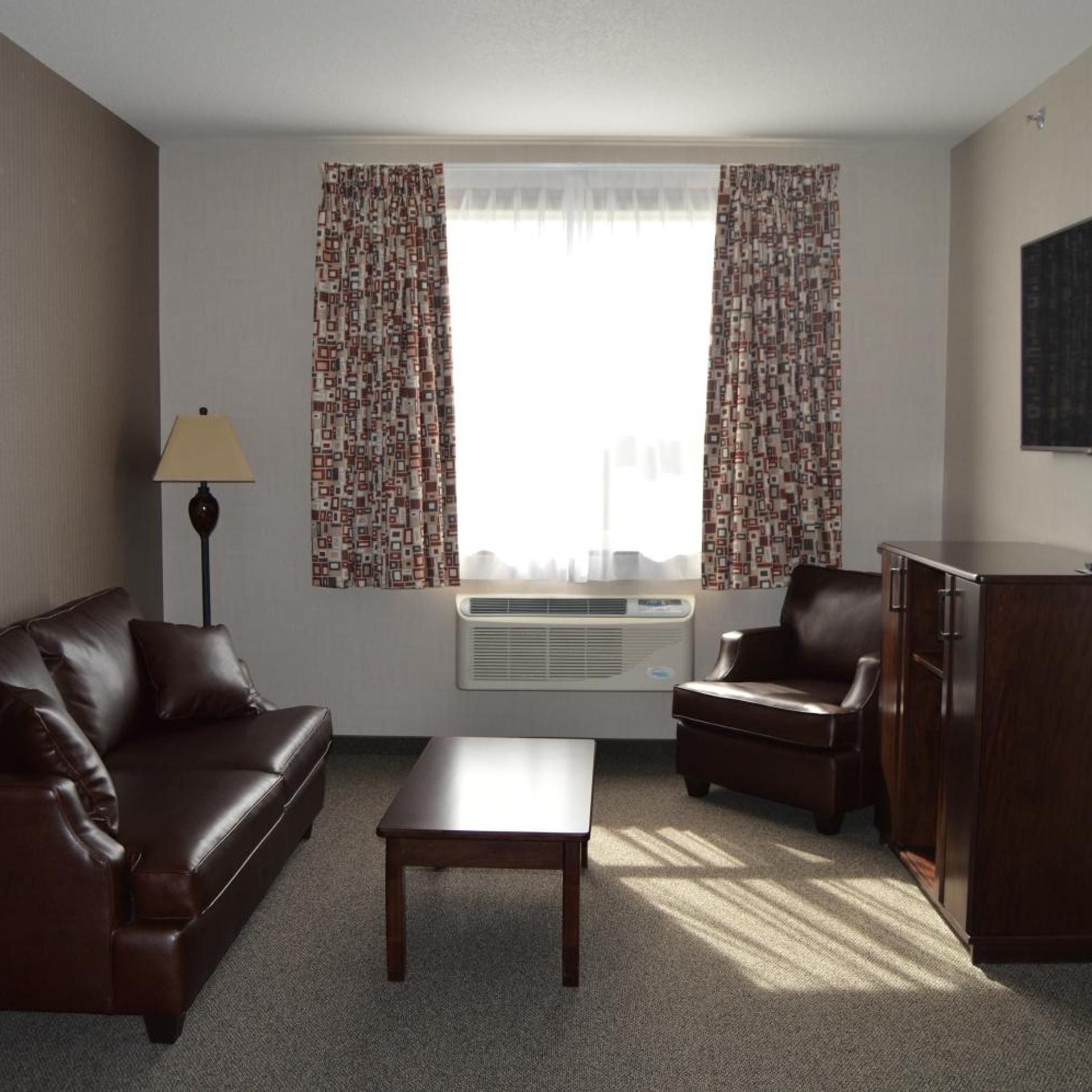 A living room with a sofa, armchair, coffee table, and a window with patterned curtains.