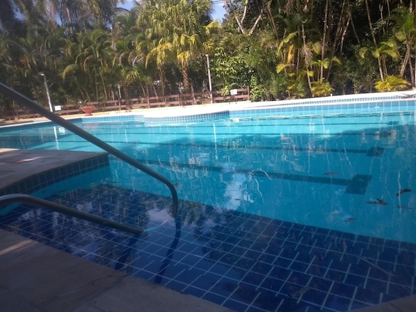 A swimming pool with clear blue water, surrounded by palm trees and a wooden fence. - Riviera Service- Hotel Suites 209 e 308 (Bertioga)