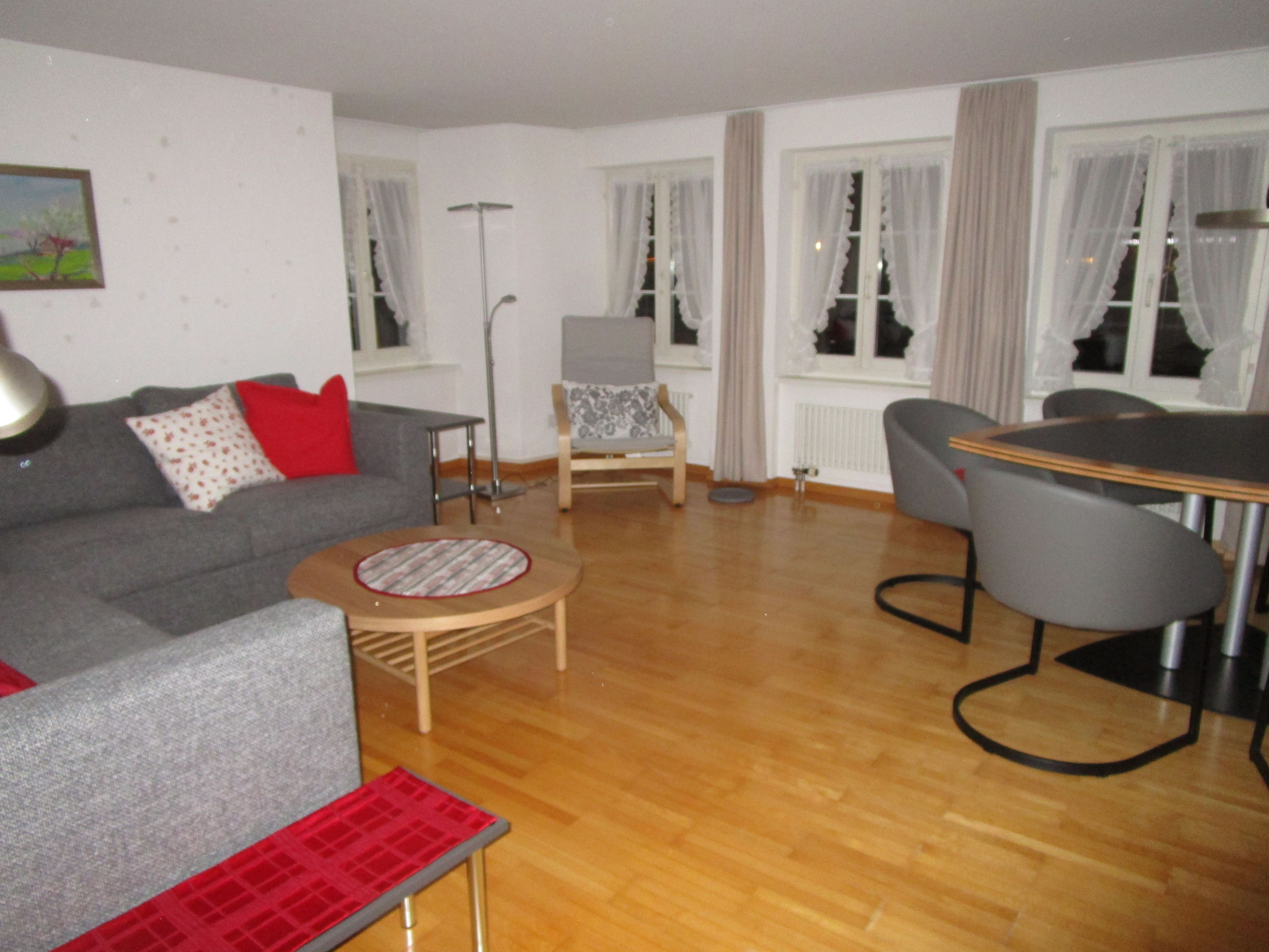 Un salon avec un canapé gris, un coussin rouge, une petite table ronde, un fauteuil gris et une table à manger avec des chaises.