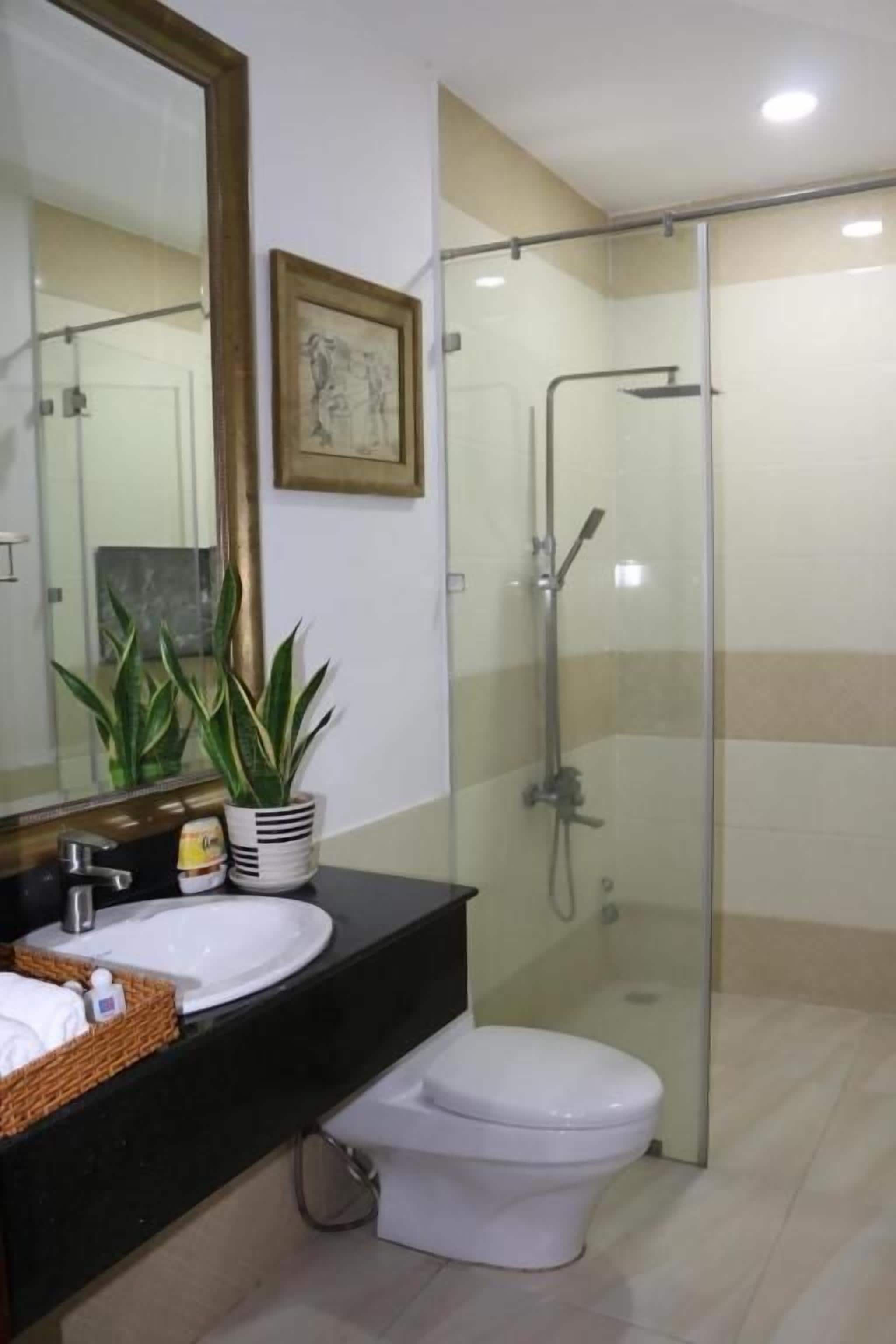 Un baño moderno con cabina de ducha de vidrio, inodoro blanco y encimera negra con lavabo y planta en maceta.