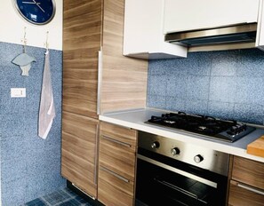 Een keuken met een kookplaat, oven en houten kastjes.