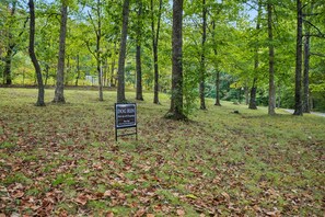 A wooded area with a sign indicating a dog run.