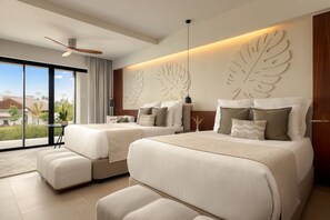 A modern hotel room with two beds, a ceiling fan, large windows, and a view of the outdoors. - Secrets Playa Esmeralda Resorts & SPA (Miches)