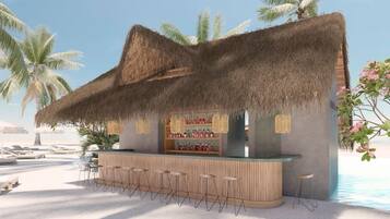 A beachside bar with a thatched roof, bar stools, and a shelf with bottles.