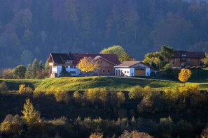 A rural house with a large front yard, surrounded by trees and hills. - Sympathy at the Striegl guesthouse (Wertach)