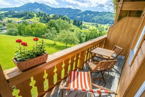 A wooden deck with a table and chairs, a potted plant with red flowers, and a view of a green landscape. - Sympathy at the Striegl guesthouse (Wertach)
