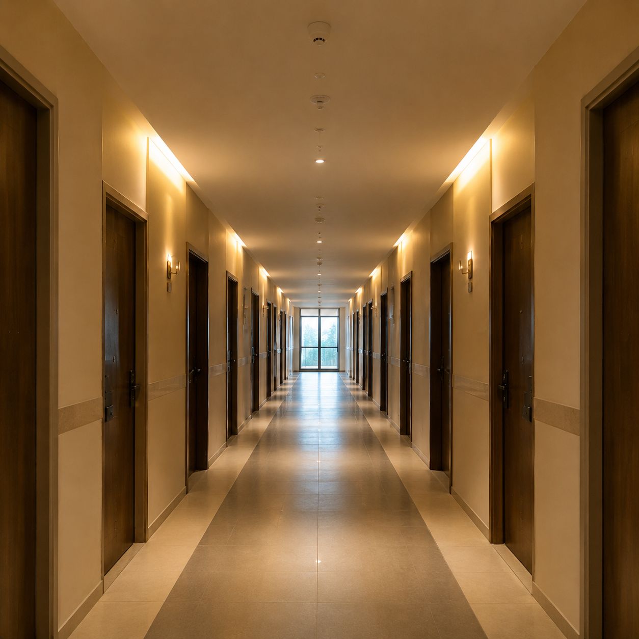 Un largo pasillo bien iluminado en un hotel, con puertas a ambos lados que dan a habitaciones individuales.