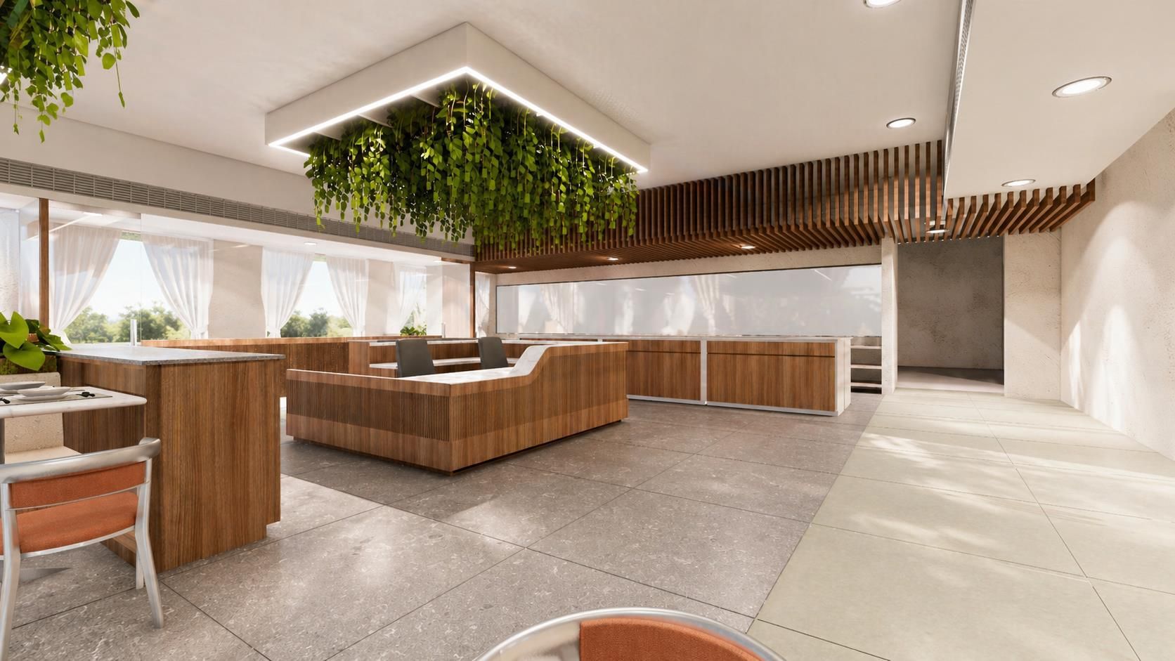 A modern reception area with a wooden reception desk, seating, and a hanging plant.