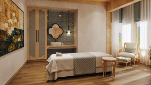 A bedroom with a bed, a small table, a chair, and a large window. - Taj Gangtey Resort & Spa, Bhutan (Wangdue Phodrang)