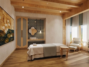 A bedroom with a bed, a small table, a chair, and a large window. - Taj Gangtey Resort & Spa, Bhutan (Wangdue Phodrang)