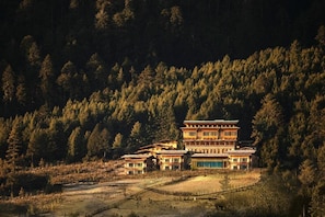 Un bâtiment traditionnel à plusieurs étages, doté d’une façade symétrique et entouré d’une forêt dense.