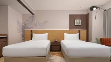 A hotel room with two beds, a nightstand, a wall-mounted picture, a lamp, and a window with curtains.