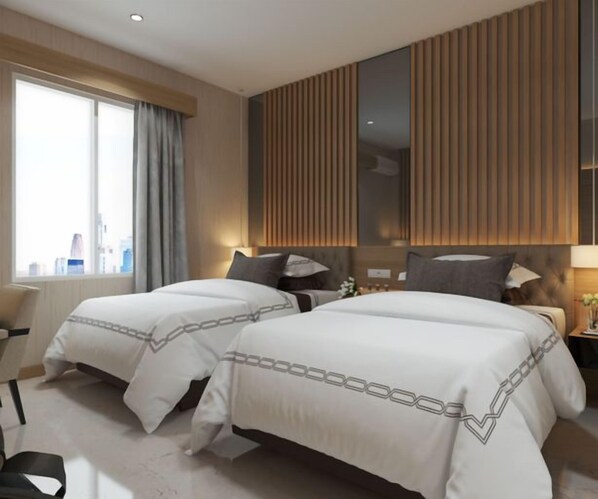 A hotel room with two beds, a large window, and a city view. - Cempaka Mas Hotel (Peterongan)