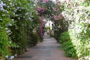 Un sendero pavimentado bordeado por exuberante vegetación y plantas en flor, que conduce a un edificio a lo lejos.