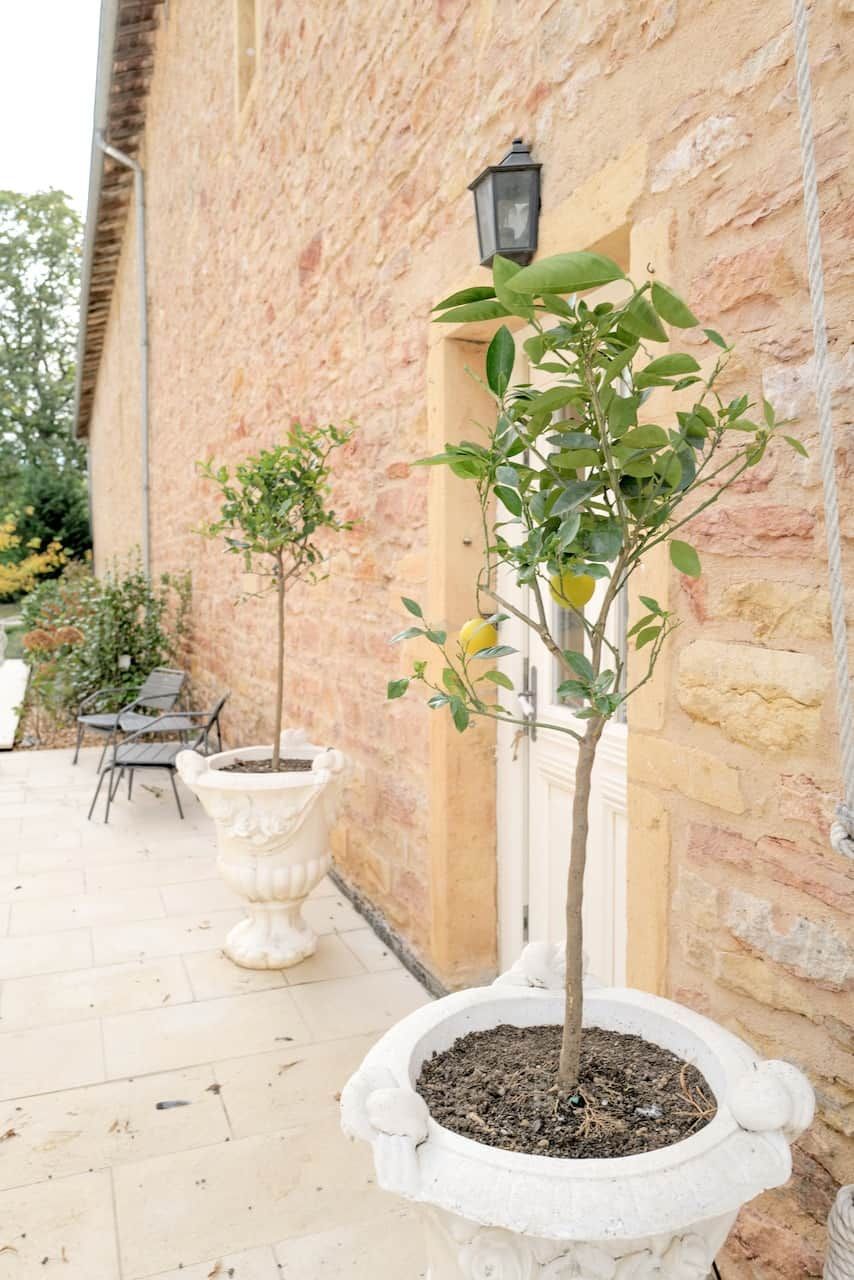 Een gebouw van natuursteen met twee potplanten, een hanglamp en een betegeld terras.