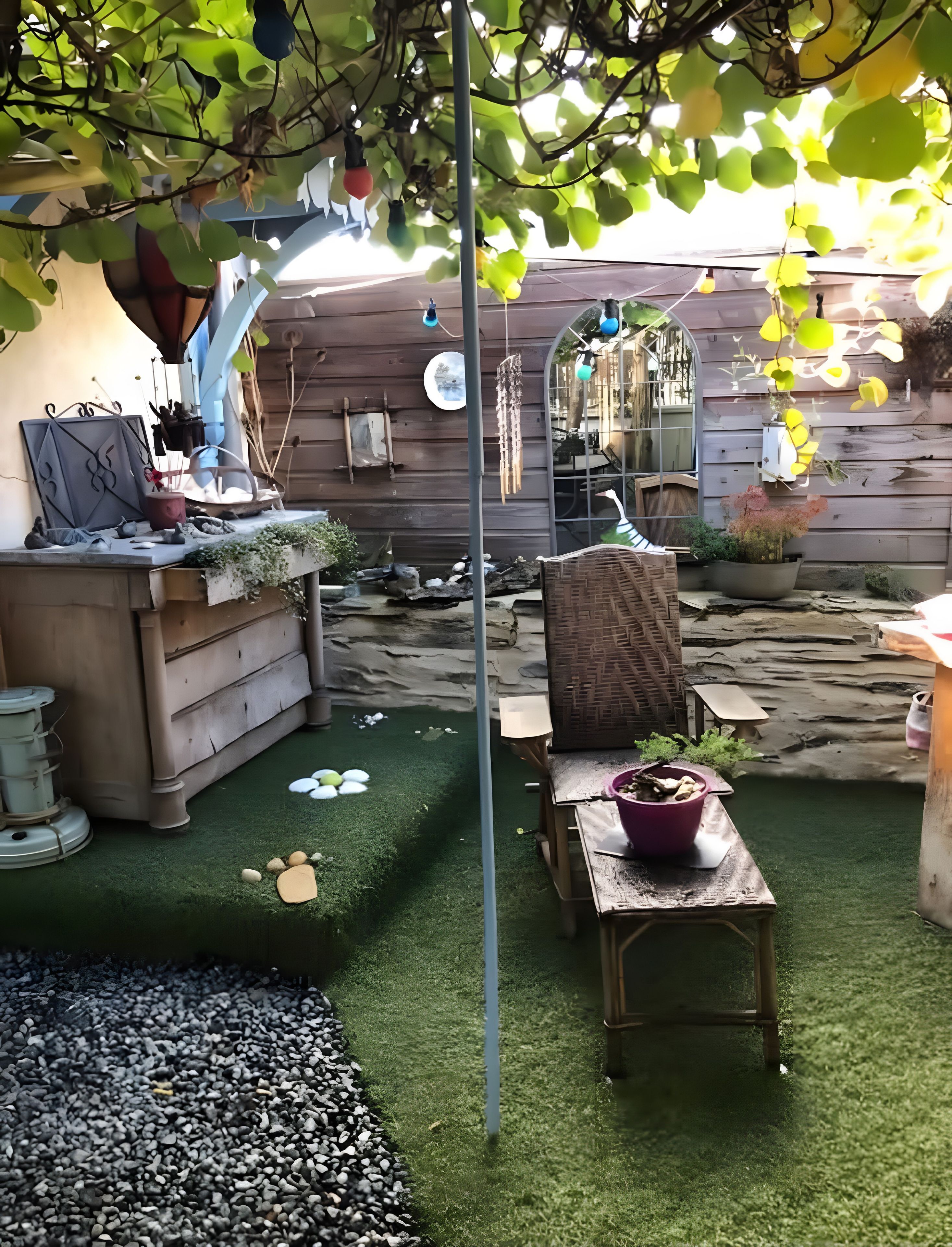 A garden with a wooden bench, a table, and a potted plant.