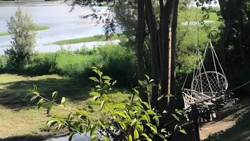 Een rustig buitengebied met een waterpartij, bomen en een schommel.